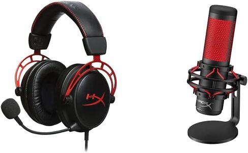 HyperX Cloud Alpha - سماعة ألعاب، برامج تشغيل مزدوجة الغرفة - أحمر وQuadCast - ميكروفون ألعاب بمكثف USB، لأجهزة الكمبيوتر الشخصية وأجهزة PS4 وMac، حامل مضاد للاهتزاز، أربعة أنماط قطبية - أسود in Saudi Arabia