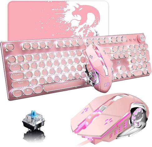 LexonElec Typewriter Style Retro Mechanical Gaming Keyboard, Vintage Steampunk with White LED Backlit, Wired 104-Key Blue Switch Cute Keyboard, Round Keycaps Knob Control for PC/Laptop/Mac (Blue) in Saudi Arabia