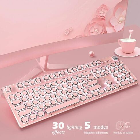 LexonElec Typewriter Style Retro Mechanical Gaming Keyboard, Vintage Steampunk with White LED Backlit, Wired 104-Key Blue Switch Cute Keyboard, Round Keycaps Knob Control for PC/Laptop/Mac (Blue) in Saudi Arabia