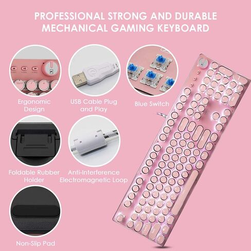 LexonElec Typewriter Style Retro Mechanical Gaming Keyboard, Vintage Steampunk with White LED Backlit, Wired 104-Key Blue Switch Cute Keyboard, Round Keycaps Knob Control for PC/Laptop/Mac (Blue) in Saudi Arabia