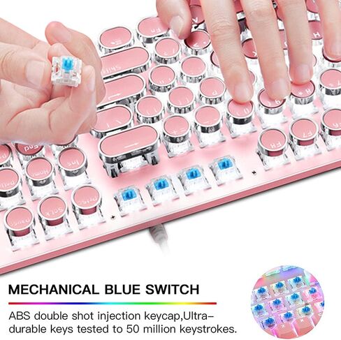 LexonElec Typewriter Style Retro Mechanical Gaming Keyboard, Vintage Steampunk with White LED Backlit, Wired 104-Key Blue Switch Cute Keyboard, Round Keycaps Knob Control for PC/Laptop/Mac (Blue) in Saudi Arabia