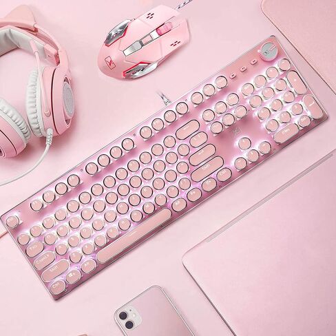 LexonElec Typewriter Style Retro Mechanical Gaming Keyboard, Vintage Steampunk with White LED Backlit, Wired 104-Key Blue Switch Cute Keyboard, Round Keycaps Knob Control for PC/Laptop/Mac (Blue) in Saudi Arabia
