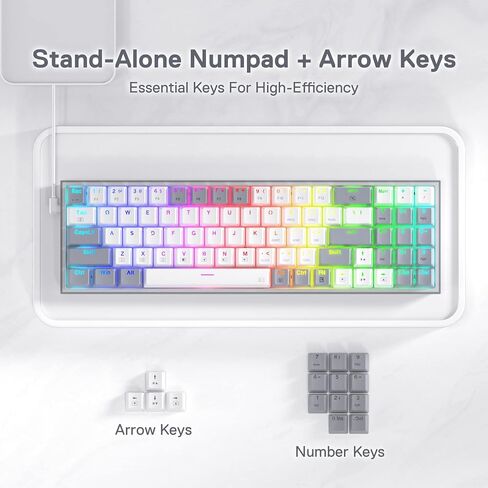 Redragon K628 Pollux 75% لوحة مفاتيح سلكية للألعاب RGB، 78 مفتاحًا لوحة مفاتيح ميكانيكية مدمجة مع مقبس قابل للتبديل بنسبة 100%، لوحة PCB مثبتة على لوحة تعديل مجانية ومفاتيح أسهم مخصصة، مفتاح أحمر هادئ in Kuwait