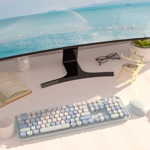 UBOTIE Colorful Wireless Keyboard and Mouse Combo (Green-White) | Retro Typewriter Floating Full-Sized Keys Computer Keyboard with Optical Mouse, 2.4GHz USB Connection for Windows Mac in Kuwait