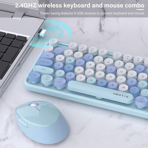 UBOTIE Colorful Wireless Keyboard and Mouse Combo (Green-White) | Retro Typewriter Floating Full-Sized Keys Computer Keyboard with Optical Mouse, 2.4GHz USB Connection for Windows Mac in Kuwait