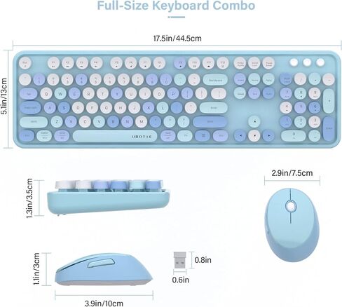 UBOTIE Colorful Wireless Keyboard and Mouse Combo (Green-White) | Retro Typewriter Floating Full-Sized Keys Computer Keyboard with Optical Mouse, 2.4GHz USB Connection for Windows Mac in Kuwait