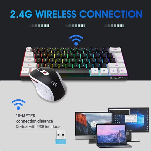 Snpurdiri 2.4G 60% Wireless Gaming Keyboard and Mouse Combo, Black-White in Kuwait
