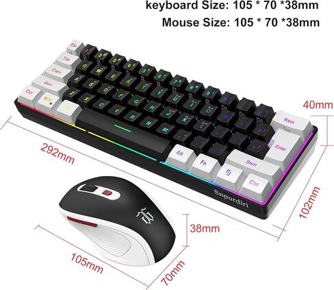 Snpurdiri 2.4G 60% Wireless Gaming Keyboard and Mouse Combo, Black-White in Kuwait