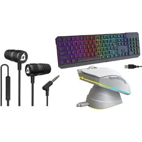 KLIM Chroma Gaming Keyboard Wired USB Durable Ergonomic Waterproof + Blaze Pro Rechargeable Wireless Gaming Mouse with Charging Dock RGB White + F1 Headphone Earbuds with Microphone and 3.5 mm Jack in Saudi Arabia
