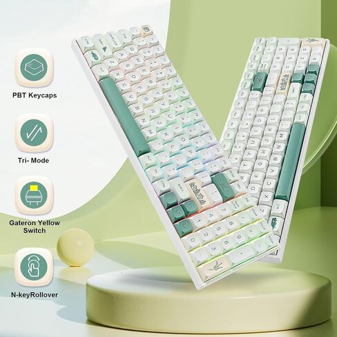 BOYI TK96 RGB لوحة مفاتيح Matcha لاسلكية قابلة للتبديل السريع، 2.4 جيجا هرتز/بلوتوث 5.0/لوحة مفاتيح سلكية N-Key Rollover مخصص Gateron Yellow Switch مريح كامل الحجم لوحة مفاتيح خضراء للألعاب in Kuwait