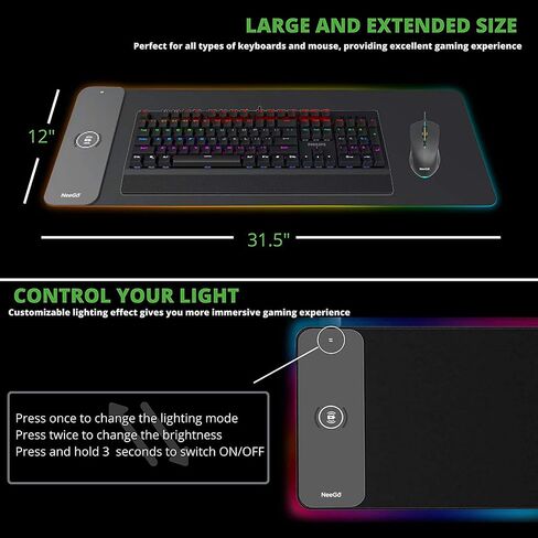 لوحة ماوس ألعاب NEEGO RGB، لوحة ماوس كبيرة ناعمة LED مع إضاءة قابلة للتعديل، وظيفة الذاكرة الذكية، شحن لاسلكي، قاعدة مطاطية مضادة للانزلاق، حصيرة ماوس لوحة مفاتيح الكمبيوتر 31.5 × 12 بوصة in Saudi Arabia