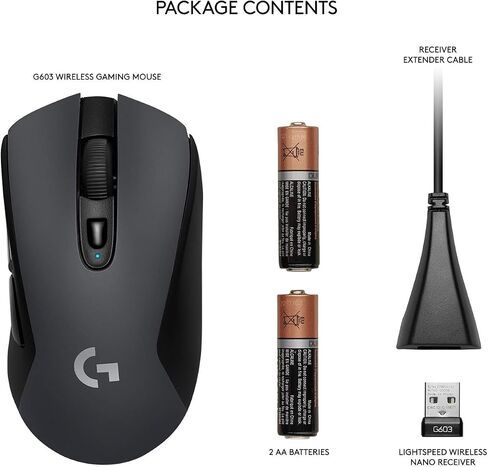 Logitech G603 Lightspeed Wireless Gaming Mouse, Hero Sensor, 12000 DPI, Lightweight, 6 Programmable Buttons, 500h Battery Life, On-Board Memory, PC/Mac - Black in Kuwait