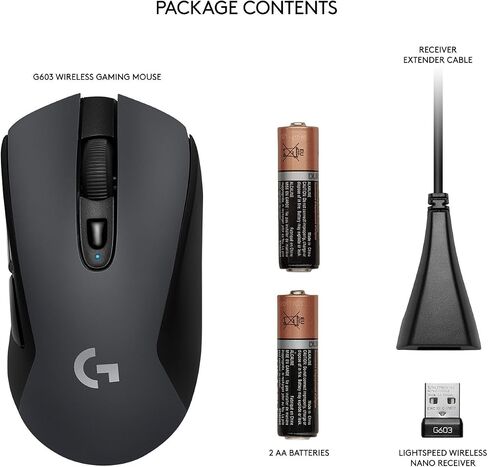 Logitech G603 Lightspeed Wireless Gaming Mouse, Hero Sensor, 12000 DPI, Lightweight, 6 Programmable Buttons, 500h Battery Life, On-Board Memory, PC/Mac - Black in Kuwait