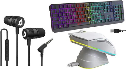 لوحة مفاتيح ألعاب KLIM Chroma سلكية USB متينة ومريحة ومقاومة للماء + ماوس ألعاب لاسلكي قابل لإعادة الشحن من Blaze Pro مع قاعدة شحن RGB أبيض + F1 سماعات أذن مع ميكروفون ومقبس 3.5 مم in Saudi Arabia