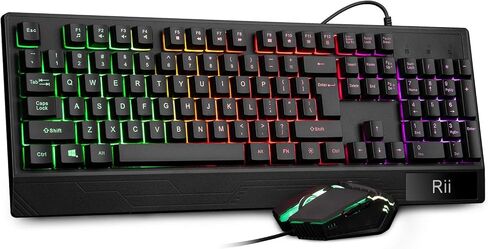 Rii مجموعة كيبورد وماوس للالعاب RK400 باضاءة خلفية LED ذات ملمس ميكانيكي سلكي و104 مفتاح USB ومسند معصم مريح و6 ازرار RGB للكمبيوتر المكتبي والالعاب بنظام ويندوز (اسود) in Saudi Arabia
