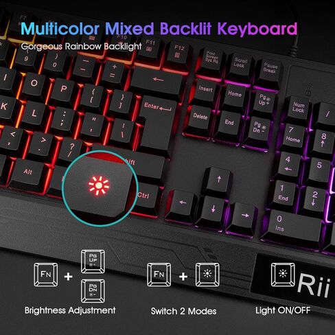 Rii مجموعة كيبورد وماوس للالعاب RK400 باضاءة خلفية LED ذات ملمس ميكانيكي سلكي و104 مفتاح USB ومسند معصم مريح و6 ازرار RGB للكمبيوتر المكتبي والالعاب بنظام ويندوز (اسود) in Saudi Arabia
