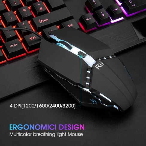 Rii مجموعة كيبورد وماوس للالعاب RK400 باضاءة خلفية LED ذات ملمس ميكانيكي سلكي و104 مفتاح USB ومسند معصم مريح و6 ازرار RGB للكمبيوتر المكتبي والالعاب بنظام ويندوز (اسود) in Saudi Arabia