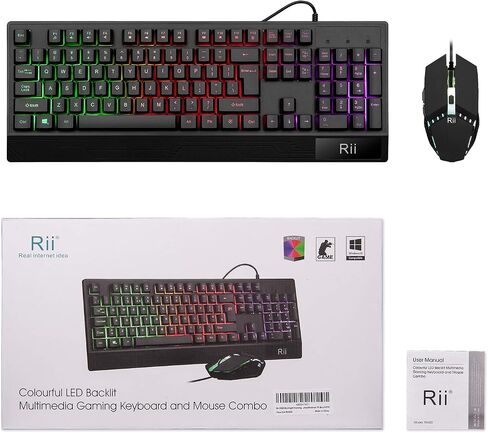 Rii مجموعة كيبورد وماوس للالعاب RK400 باضاءة خلفية LED ذات ملمس ميكانيكي سلكي و104 مفتاح USB ومسند معصم مريح و6 ازرار RGB للكمبيوتر المكتبي والالعاب بنظام ويندوز (اسود) in Saudi Arabia