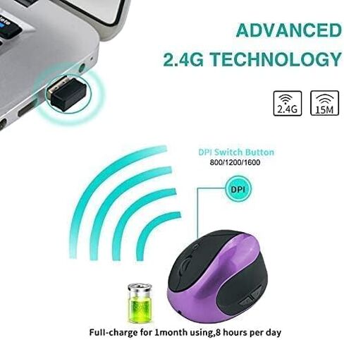 Ergonomic Mouse, 2.4G Optical Wireless Vertical Mouse with 6 Buttons - 3 Adjustable DPI 800/1200/1600 for Laptop, PC, Computer, Desktop, Notebook etc, Specially for Right-handers in Kuwait