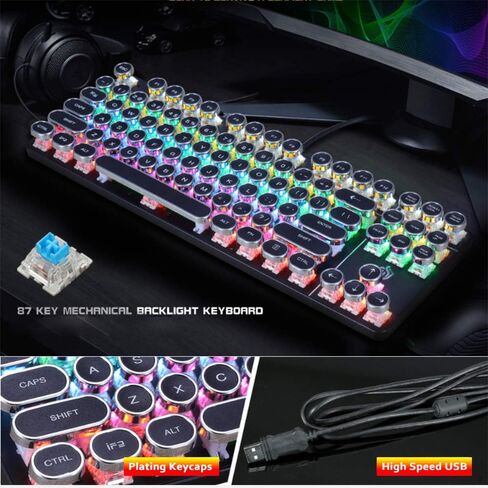 K917 RGB Mechanical Gaming Keyboard 87Key Retro Keyboard-Blue Switch-LED Backlit- Round Keycaps Anti-Ghosting Mechanical Illuminated Keyboard for PC Gaming and MAC (Classic-Black) in Saudi Arabia