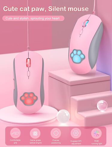 ماوس ألعاب PHNIXGAM Cat Paw RGB، فأرة كمبيوتر بصرية صامتة USB سلكية مع 6 DPI قابلة للتعديل حتى 7200، إضاءة RGB، 6 أزرار قابلة للبرمجة لنظام التشغيل Windows/Vista/Linux (وردي) in Kuwait