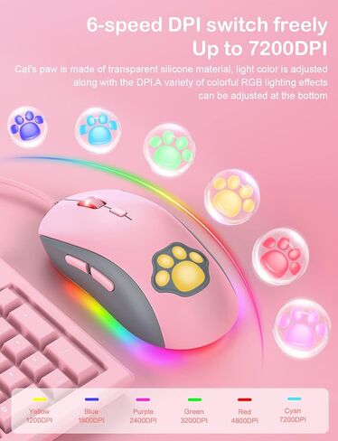 ماوس ألعاب PHNIXGAM Cat Paw RGB، فأرة كمبيوتر بصرية صامتة USB سلكية مع 6 DPI قابلة للتعديل حتى 7200، إضاءة RGB، 6 أزرار قابلة للبرمجة لنظام التشغيل Windows/Vista/Linux (وردي) in Kuwait
