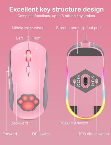 ماوس ألعاب PHNIXGAM Cat Paw RGB، فأرة كمبيوتر بصرية صامتة USB سلكية مع 6 DPI قابلة للتعديل حتى 7200، إضاءة RGB، 6 أزرار قابلة للبرمجة لنظام التشغيل Windows/Vista/Linux (وردي) in Kuwait