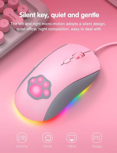 ماوس ألعاب PHNIXGAM Cat Paw RGB، فأرة كمبيوتر بصرية صامتة USB سلكية مع 6 DPI قابلة للتعديل حتى 7200، إضاءة RGB، 6 أزرار قابلة للبرمجة لنظام التشغيل Windows/Vista/Linux (وردي) in Kuwait