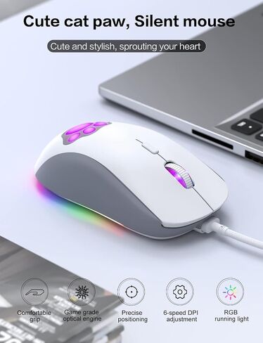 Cat Paw RGB Gaming Mouse, Silent Optical Computer Mice USB Wired with 6 Adjustable DPI Up to 7200, RGB Lighting, 6 Programmable Buttons for Windows/Vista/Linux (Pink) in Saudi Arabia