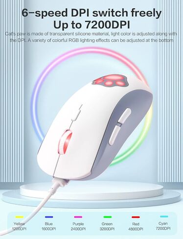Cat Paw RGB Gaming Mouse, Silent Optical Computer Mice USB Wired with 6 Adjustable DPI Up to 7200, RGB Lighting, 6 Programmable Buttons for Windows/Vista/Linux (Pink) in Saudi Arabia