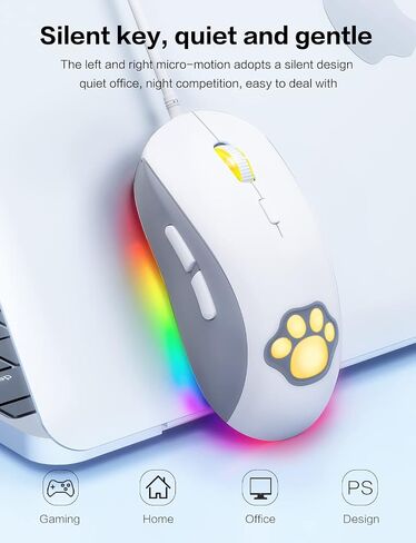 Cat Paw RGB Gaming Mouse, Silent Optical Computer Mice USB Wired with 6 Adjustable DPI Up to 7200, RGB Lighting, 6 Programmable Buttons for Windows/Vista/Linux (Pink) in Saudi Arabia
