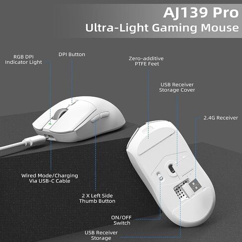 A.Jazz AJ139 G Pro 59g Ultralight Dual Mode Wireless Gaming Mouse(Black) in Kuwait