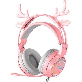 Stereo Gaming Headset for PS4 PC Xbox One PS5 Controller, Noise Cancelling Over Ear Headphones with Mic, LED Light, Bass Surround, Soft Memory Earmuffs for Laptop Mac Nintendo (Black Antlers)