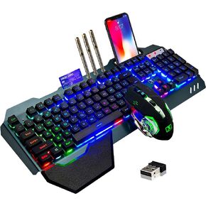 Wireless Gaming Keyboard and Mouse,Rainbow Backlit Rechargeable Keyboard Mouse with 3800mAh Battery Metal Panel,Removable Hand Rest Mechanical Feel Keyboard and 7 Color Gaming Mute Mice for PC Gamers in Kuwait