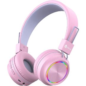 iClever BTH03 Kids Bluetooth Headphones Safe Volume, Colorful LED Lights, 25H Playtime, Stereo Sound Mic, Bluetooth 5.0, Foldable, On Ear Kids Wireless Headphones for Tablet (Black)