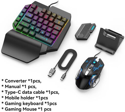 Gaming Keyboard Mouse Converter Gaming Keyboard Mouse Set RGB Gradient USB One Handed Keyboard Type C Wired Mouse Mobile Phone Holder(Mix SE Automatic Pressure Gun Set) in Saudi Arabia