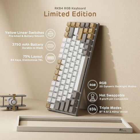 RK ROYAL KLUDGE RK84 RGB Limited Ed، 75% وضع ثلاثي BT5.0/2.4G/USB-C لوحة مفاتيح ميكانيكية قابلة للتبديل السريع، 84 مفتاحًا لوحة مفاتيح ألعاب بلوتوث لاسلكية، مفتاح RK أصفر، أمريكانو أسود in Saudi Arabia