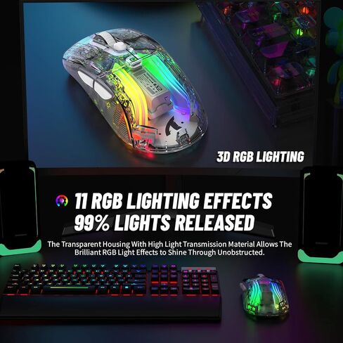 Wireless Gaming Mouse With Full Transparent Design,Double Mode 2.4G/Bluetooth Mouse,3D RGB Backlit,Ergonomic Silent Mouse with 7 Buttons,Rechargeable Wireless Computer Mice for Laptop,PC,Mac(Black) in Saudi Arabia