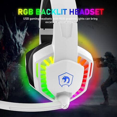 سماعة رأس سلكية للألعاب مع إضاءة خلفية بألوان قوس قزح RGB وميكروفون عازل للضوضاء وصوت ستيريو وصوت جهير عميق وغطاء أذن من إسفنج الذاكرة فوق الأذن لجهاز PS4 Xbox One Switch PC Mac Gamer Music (أبيض) in Kuwait