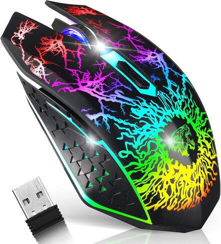 ماوس ألعاب لاسلكي من VEGCOO، ماوس ألعاب قابل لإعادة الشحن، ماوس بصري صامت مع مستقبل USB 2.4G، 3 مستويات DPI، 7 أزرار، 7 أضواء LED لألعاب الكمبيوتر/Mac، الكمبيوتر المحمول وسطح المكتب in Kuwait