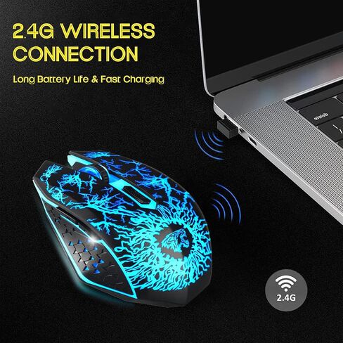 ماوس ألعاب لاسلكي من VEGCOO، ماوس ألعاب قابل لإعادة الشحن، ماوس بصري صامت مع مستقبل USB 2.4G، 3 مستويات DPI، 7 أزرار، 7 أضواء LED لألعاب الكمبيوتر/Mac، الكمبيوتر المحمول وسطح المكتب in Kuwait