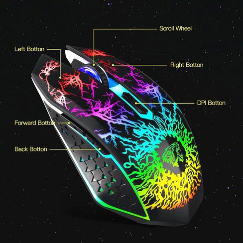 ماوس ألعاب لاسلكي من VEGCOO، ماوس ألعاب قابل لإعادة الشحن، ماوس بصري صامت مع مستقبل USB 2.4G، 3 مستويات DPI، 7 أزرار، 7 أضواء LED لألعاب الكمبيوتر/Mac، الكمبيوتر المحمول وسطح المكتب in Kuwait