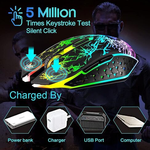 ماوس ألعاب لاسلكي من VEGCOO، ماوس ألعاب قابل لإعادة الشحن، ماوس بصري صامت مع مستقبل USB 2.4G، 3 مستويات DPI، 7 أزرار، 7 أضواء LED لألعاب الكمبيوتر/Mac، الكمبيوتر المحمول وسطح المكتب in Kuwait