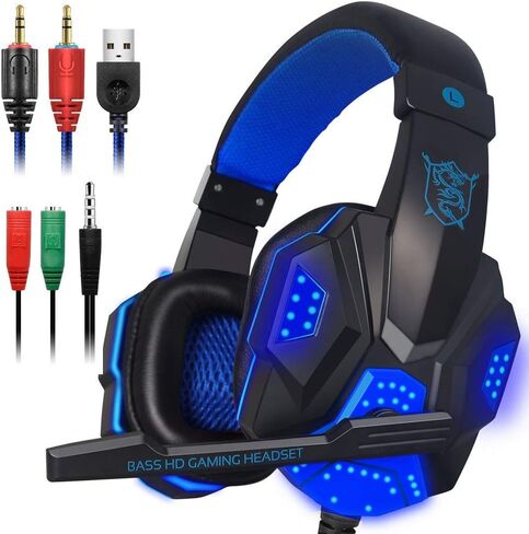 Dland Gaming Headset with Mic and LED Light for Laptop Computer, Cellphone, PS4 and so on, 3.5mm Wired Noise Isolation Gaming Headphones - Volume Control.(Black and Blue) in Saudi Arabia