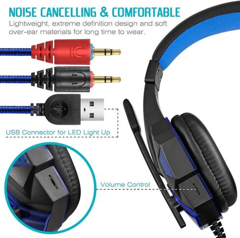 Dland Gaming Headset with Mic and LED Light for Laptop Computer, Cellphone, PS4 and so on, 3.5mm Wired Noise Isolation Gaming Headphones - Volume Control.(Black and Blue) in Saudi Arabia