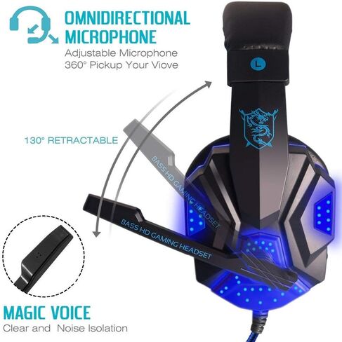 Dland Gaming Headset with Mic and LED Light for Laptop Computer, Cellphone, PS4 and so on, 3.5mm Wired Noise Isolation Gaming Headphones - Volume Control.(Black and Blue) in Saudi Arabia