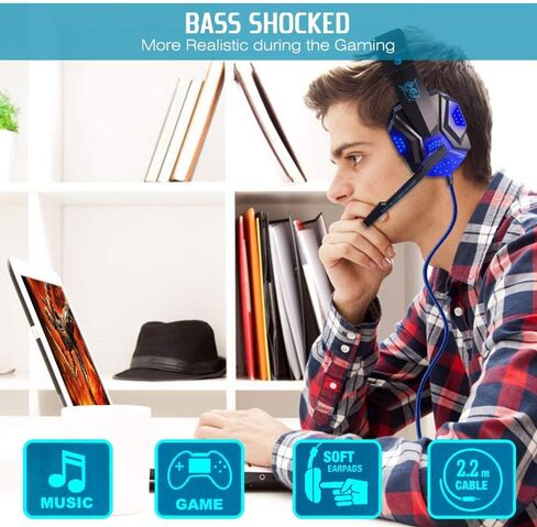 Dland Gaming Headset with Mic and LED Light for Laptop Computer, Cellphone, PS4 and so on, 3.5mm Wired Noise Isolation Gaming Headphones - Volume Control.(Black and Blue) in Saudi Arabia
