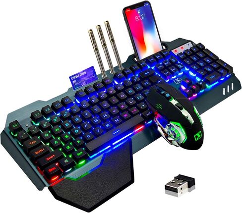 Wireless Gaming Keyboard and Mouse Combo,Rainbow LED Backlit Keyboard with Rechargeable 3800mAh Battery Metal Panel,Removable Wrist Rest Mechanical Feel and 7 Color Mute Gaming Mice for PC PS4 PS5 in Saudi Arabia