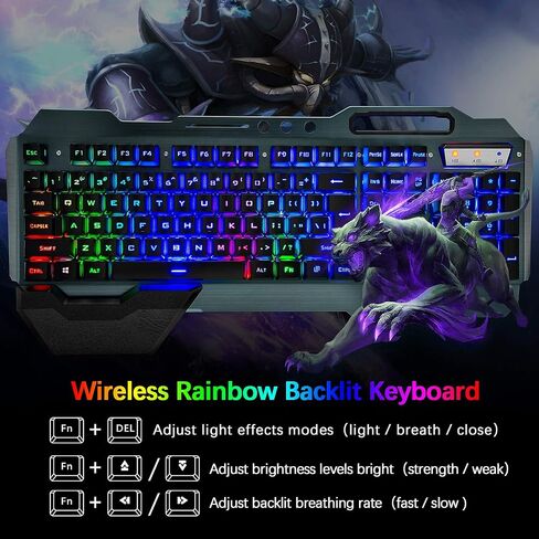 Wireless Gaming Keyboard and Mouse Combo,Rainbow LED Backlit Keyboard with Rechargeable 3800mAh Battery Metal Panel,Removable Wrist Rest Mechanical Feel and 7 Color Mute Gaming Mice for PC PS4 PS5 in Saudi Arabia