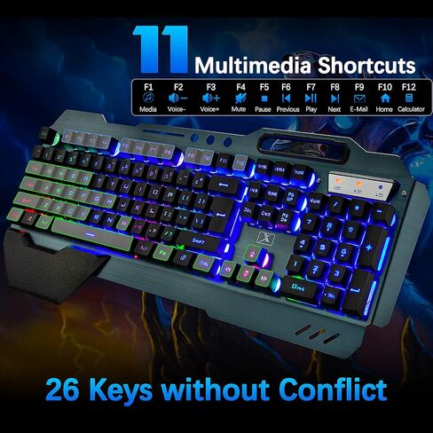 Wireless Gaming Keyboard and Mouse Combo,Rainbow LED Backlit Keyboard with Rechargeable 3800mAh Battery Metal Panel,Removable Wrist Rest Mechanical Feel and 7 Color Mute Gaming Mice for PC PS4 PS5 in Saudi Arabia